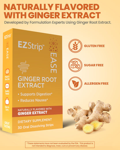 EZStrip Ease Ginger Flavor Dissolving Strips - 30 Count for Nausea & Motion Sickness - Made in USA