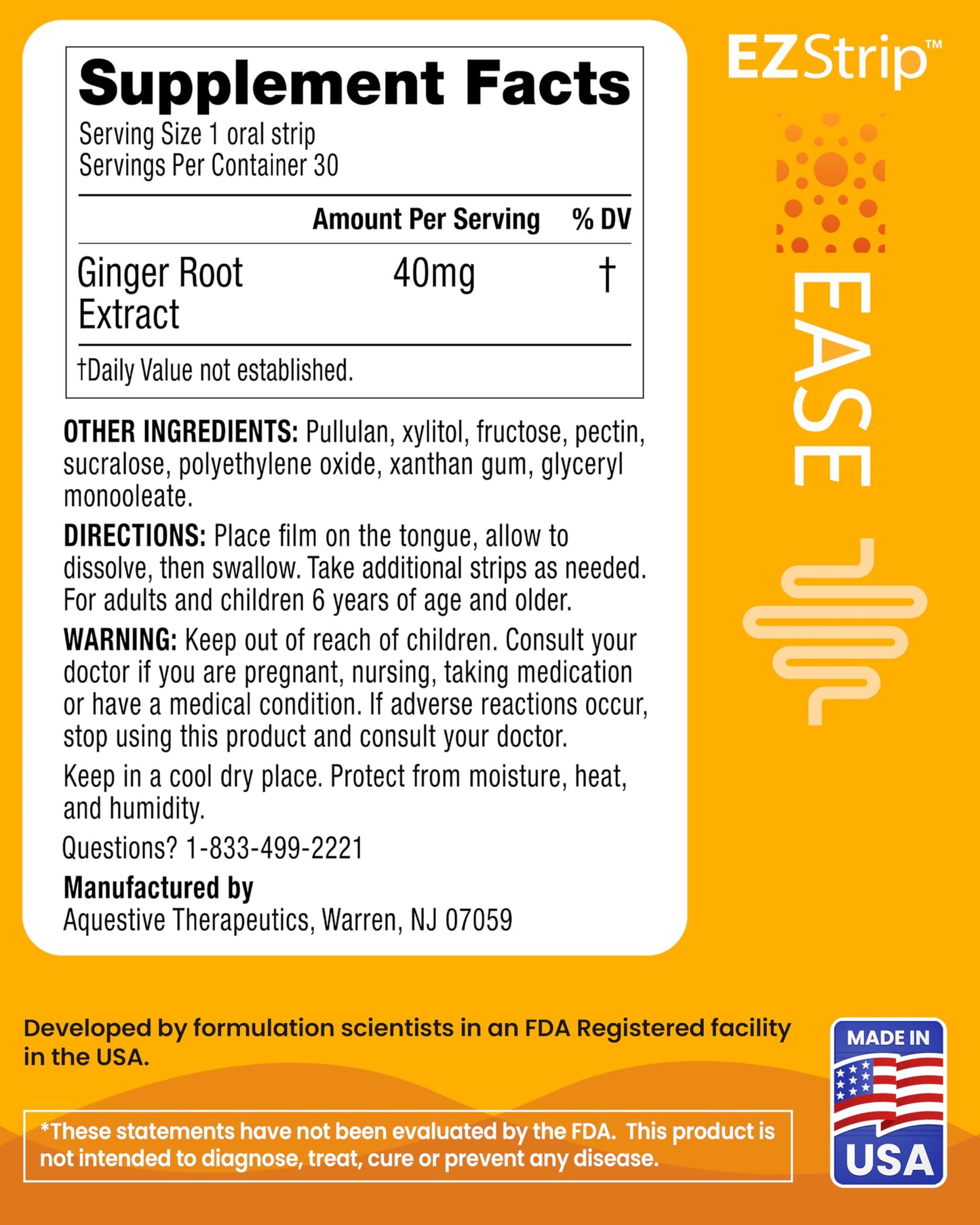 EZStrip Ease Ginger Flavor Dissolving Strips - 30 Count for Nausea & Motion Sickness - Made in USA