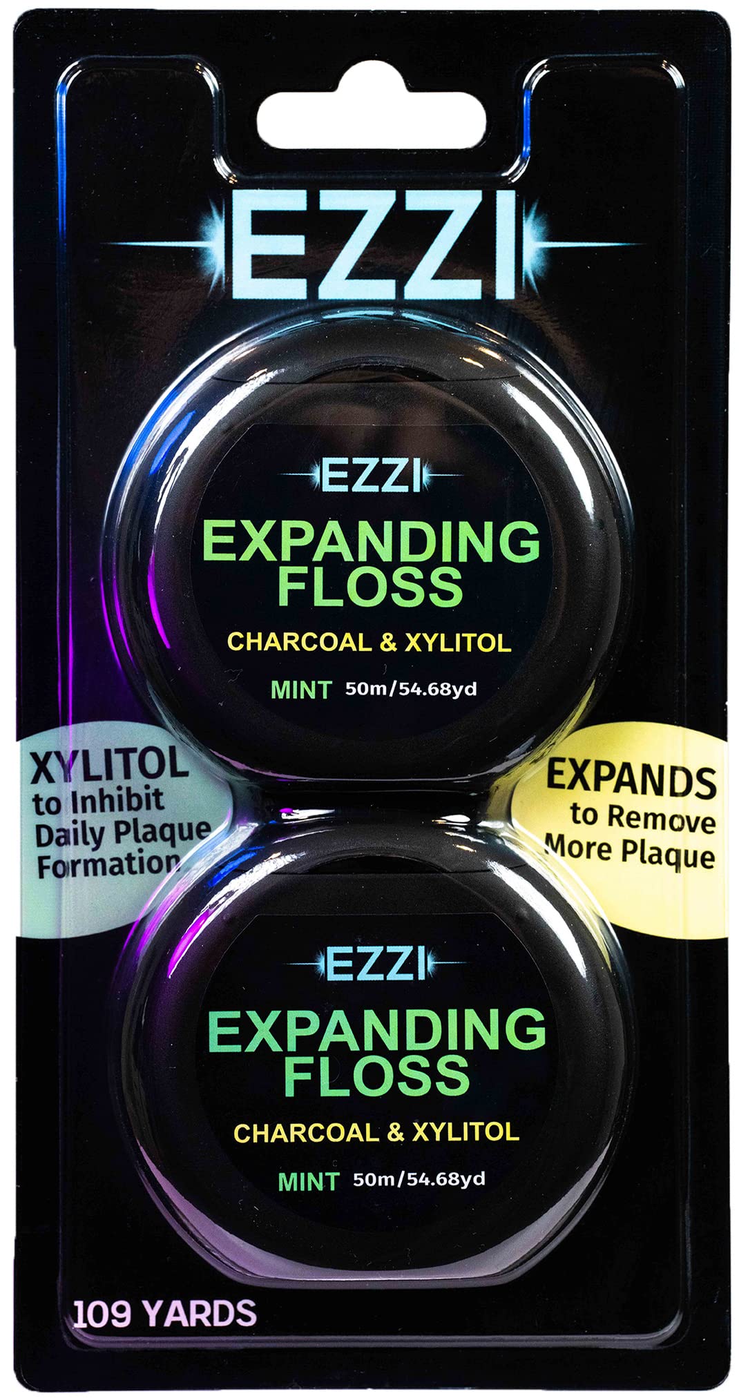 EZZI Woven Expanding Dental Floss – Charcoal, Xylitol, Mint | 109 Yards