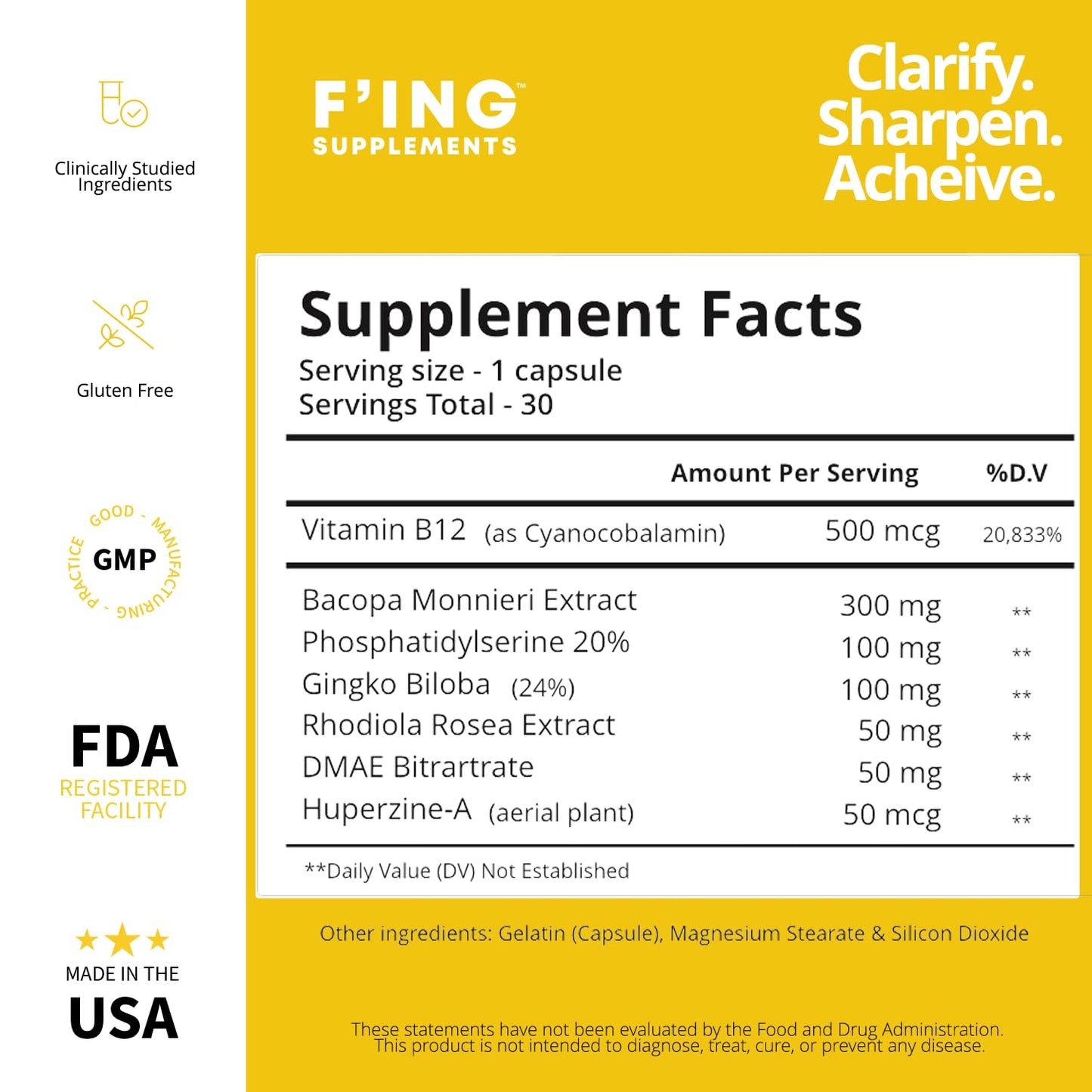 F'ing Clarity - Clarity, Memory + Brain Boosting Nootropic Supplement | Bacopa Extract, Phosphatidylserine 20%, Gingko Biloba Extract, Rhodiola Rosea Extract, DMAE Bittrartrate, B-12, Huperzine A