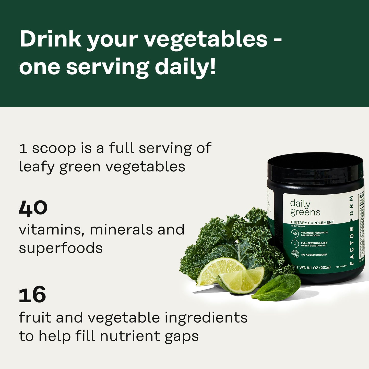 Factor Form Daily Greens Superfood Powder – Gut Health, Energy & Immunity | 30 Servings