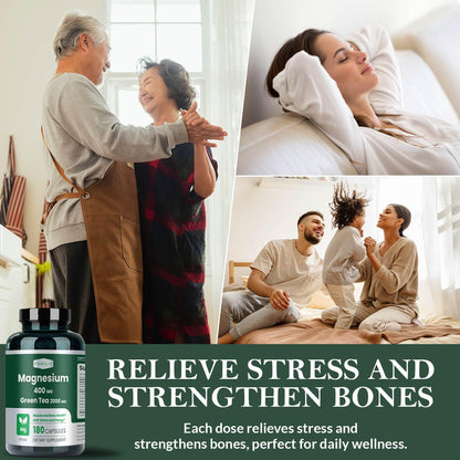 FAMILI+ Magnesium 400mg + 100mg Green Tea Extract | L-Theanine | 180 Vegan Capsules | Sleep, Stress & Muscle Support
