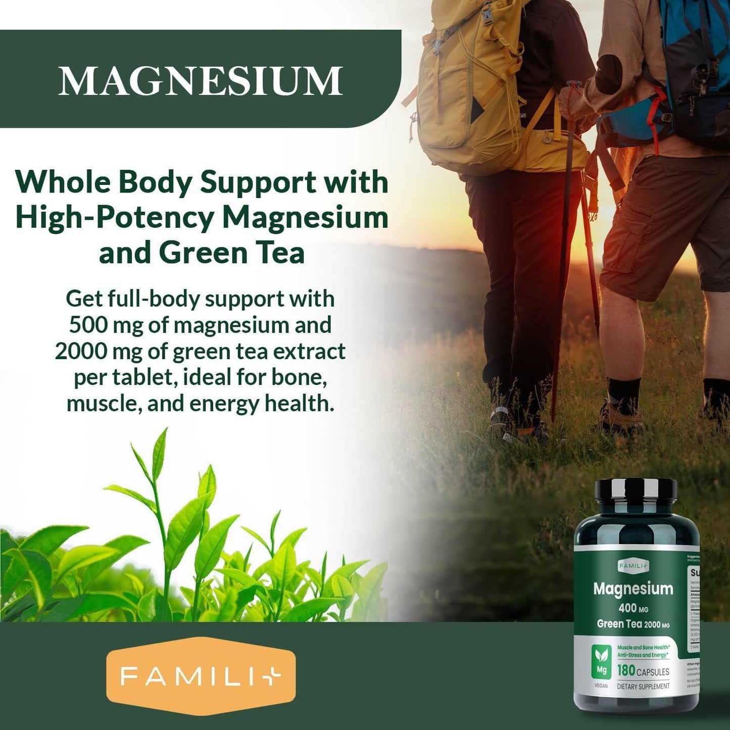 FAMILI+ Magnesium 400mg + 100mg Green Tea Extract | L-Theanine | 180 Vegan Capsules | Sleep, Stress & Muscle Support