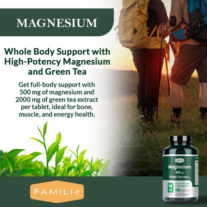 FAMILI+ Magnesium 400mg + 100mg Green Tea Extract | L-Theanine | 180 Vegan Capsules | Sleep, Stress & Muscle Support