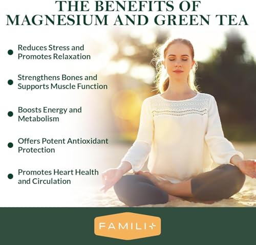 FAMILI+ Magnesium 400mg + 100mg Green Tea Extract | L-Theanine | 180 Vegan Capsules | Sleep, Stress & Muscle Support