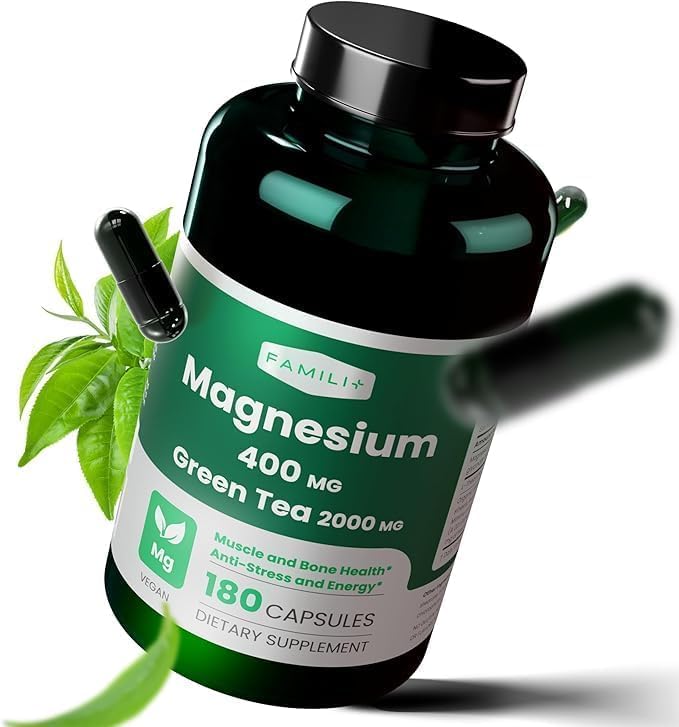 FAMILI+ Magnesium 400mg + 100mg Green Tea Extract | L-Theanine | 180 Vegan Capsules | Sleep, Stress & Muscle Support