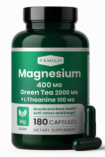 FAMILI+ Magnesium 400mg + 100mg Green Tea Extract | L-Theanine | 180 Vegan Capsules | Sleep, Stress & Muscle Support