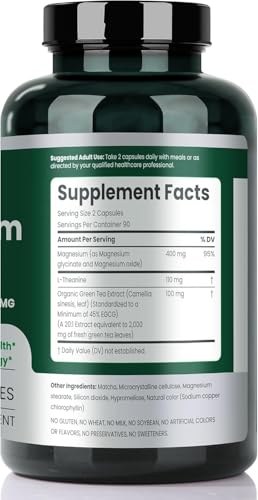 FAMILI+ Magnesium 400mg + 100mg Green Tea Extract | L-Theanine | 180 Vegan Capsules | Sleep, Stress & Muscle Support