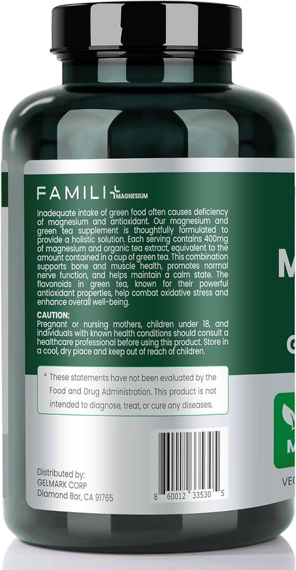 FAMILI+ Magnesium 400mg + 100mg Green Tea Extract | L-Theanine | 180 Vegan Capsules | Sleep, Stress & Muscle Support