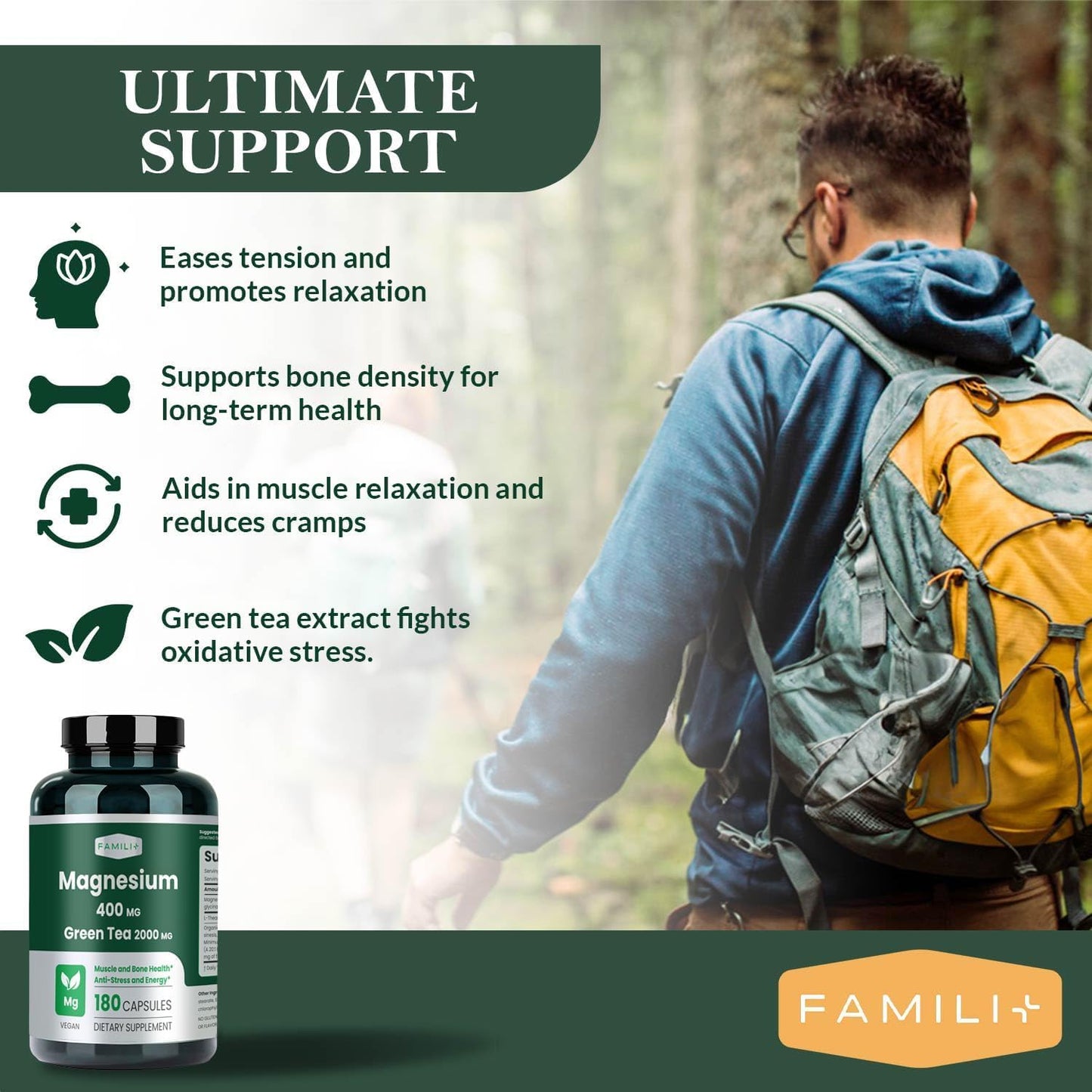 FAMILI+ Magnesium 400mg + 100mg Green Tea Extract | L-Theanine | 180 Vegan Capsules | Sleep, Stress & Muscle Support