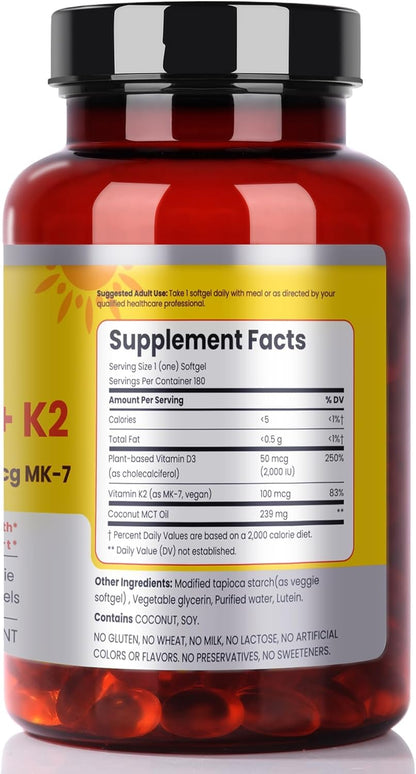 FAMILI+ Vegan Vitamin D3 + K2 Softgels (2000 IU D3, 100 mcg MK-7) with Coconut MCT – 180 Days