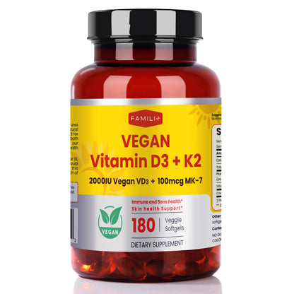 FAMILI+ Vegan Vitamin D3 + K2 Softgels (2000 IU D3, 100 mcg MK-7) with Coconut MCT – 180 Days