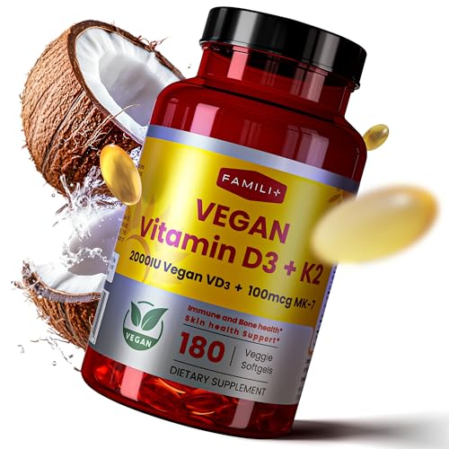 FAMILI+ Vegan Vitamin D3 + K2 Softgels (2000 IU D3, 100 mcg MK-7) with Coconut MCT – 180 Days
