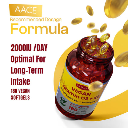 FAMILI+ Vegan Vitamin D3 + K2 Softgels (2000 IU D3, 100 mcg MK-7) with Coconut MCT – 180 Days