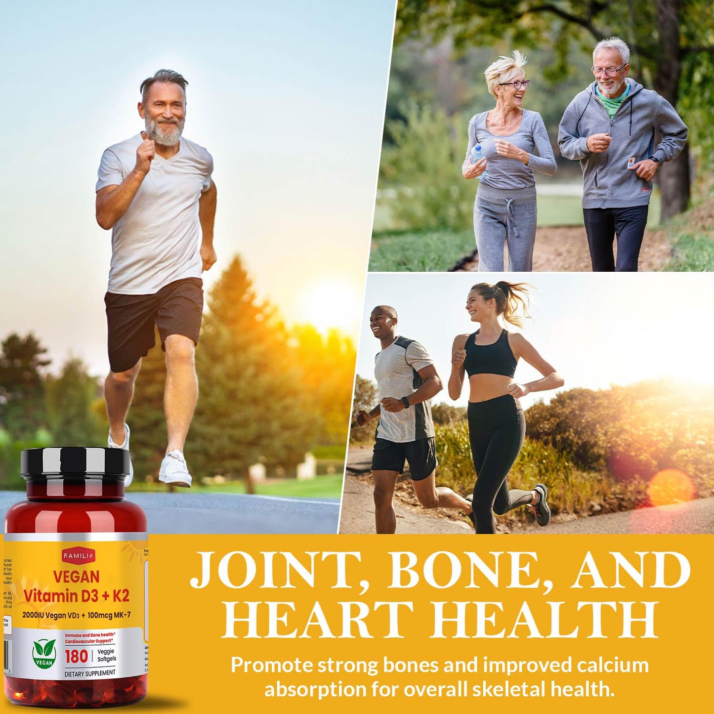 FAMILI+ Vegan Vitamin D3 + K2 Softgels (2000 IU D3, 100 mcg MK-7) with Coconut MCT – 180 Days