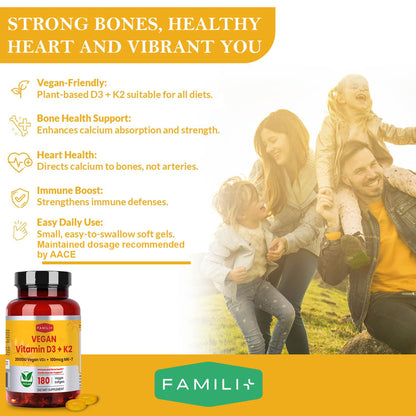 FAMILI+ Vegan Vitamin D3 + K2 Softgels (2000 IU D3, 100 mcg MK-7) with Coconut MCT – 180 Days