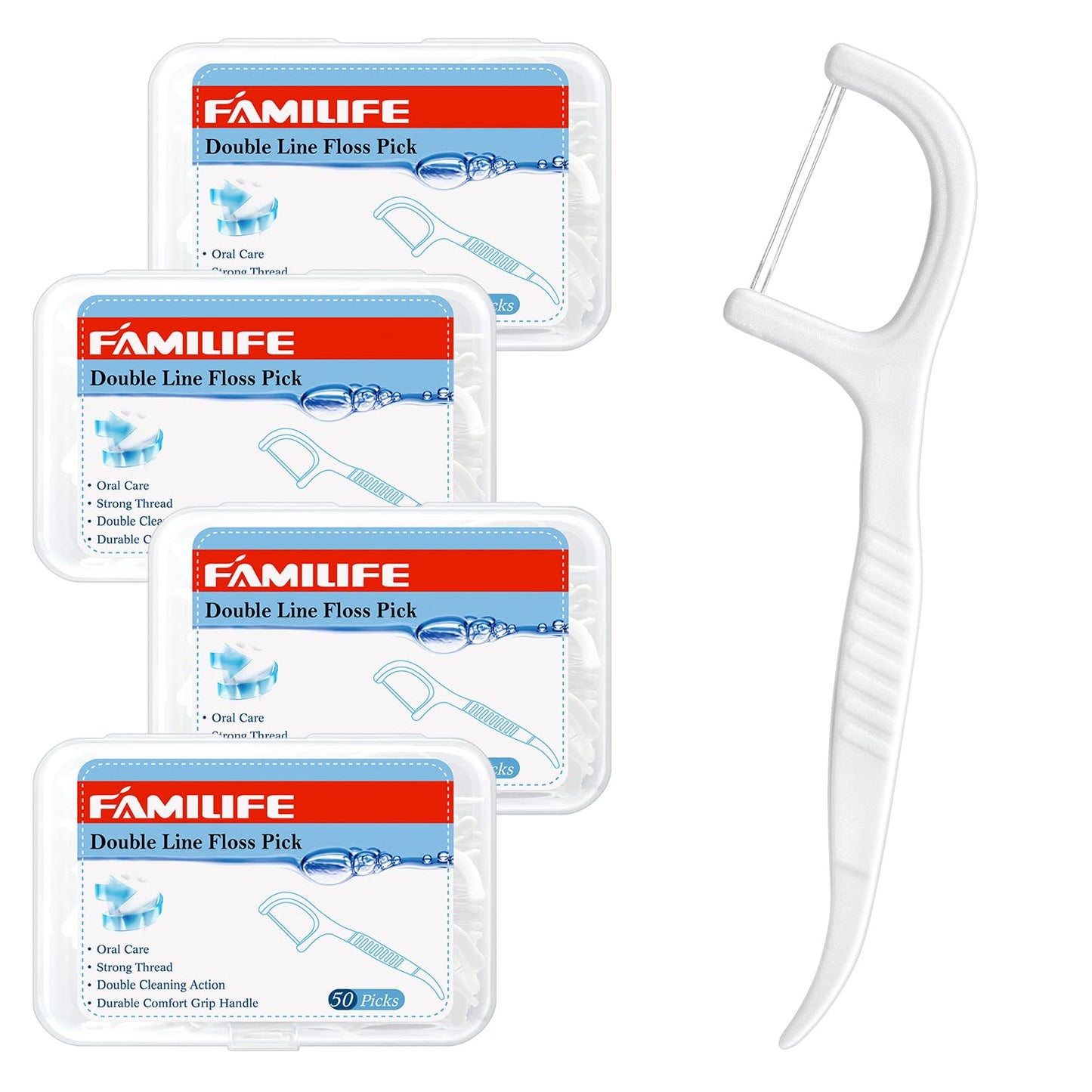 FAMILIFE Double Line Dental Floss Picks – 200 Count, Unwaxed & Unflavored Threader Flosser, 4 Travel Cases
