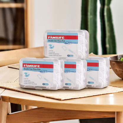 FAMILIFE Double Line Dental Floss Picks – 200 Count, Unwaxed & Unflavored Threader Flosser, 4 Travel Cases
