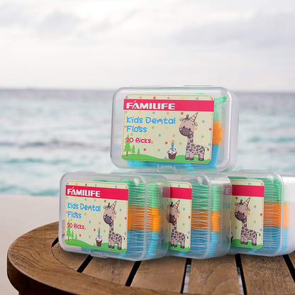FAMILIFE Floss Picks 120 Pcs - Fluoride-Free Kids Dental Flossers with 4 Travel Cases