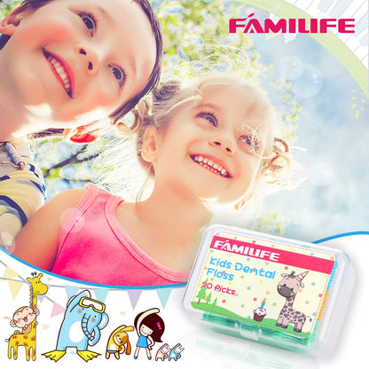 FAMILIFE Floss Picks 120 Pcs - Fluoride-Free Kids Dental Flossers with 4 Travel Cases