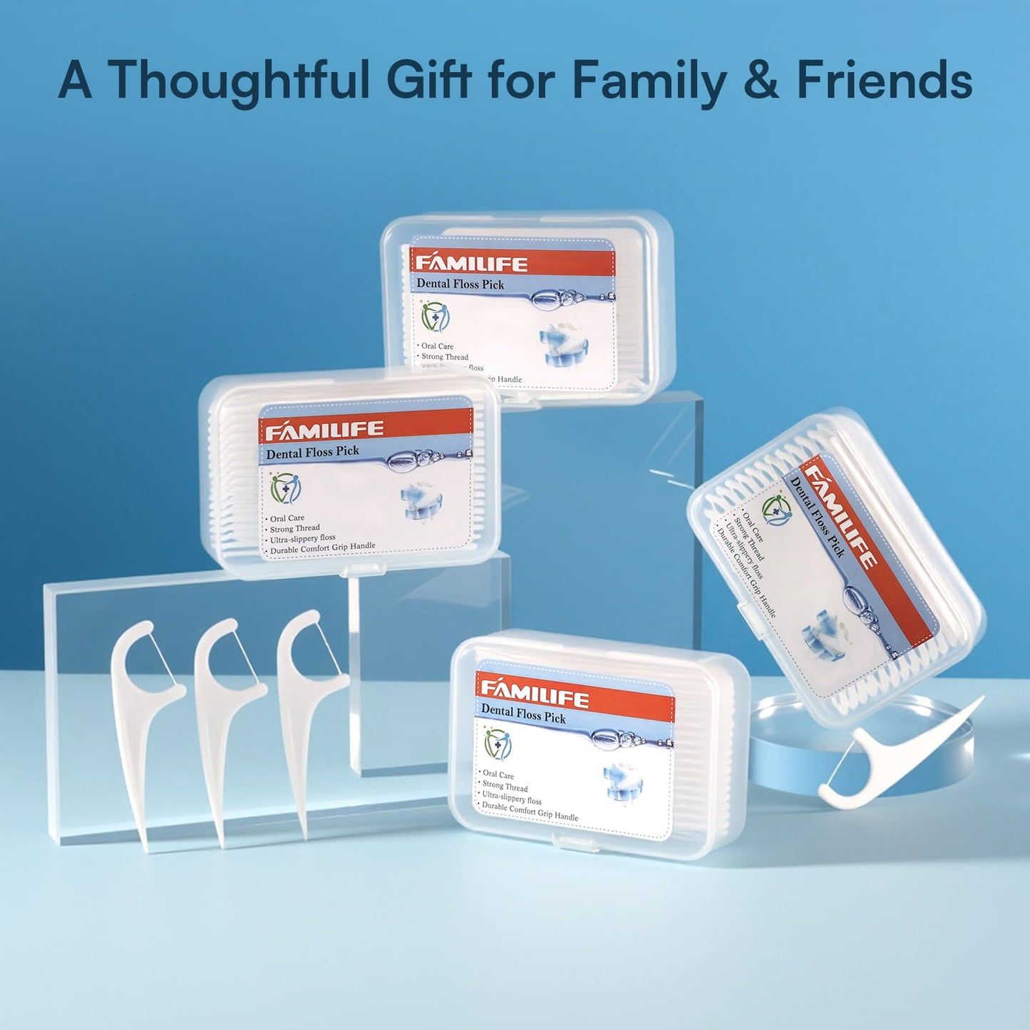FAMILIFE Floss Picks 240 Count – Unflavored Flossers with 4 Travel Cases