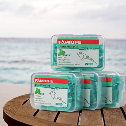 FAMILIFE Mint Floss Picks – 240 Count with 4 Travel Cases | Dental Flossers for Family