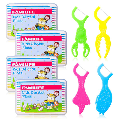 FAMILIFE Kid Floss Picks – 120 Pcs Fluoride-Free Flossers with 4 Travel Cases