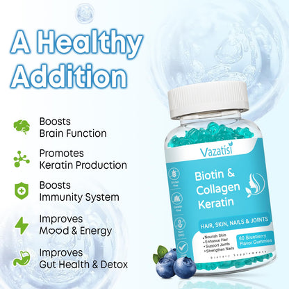 2 Pack Biotin Gummies with Collagen & Keratin for Hair Skin Nails - Women Men Kids - 120 Blueberry Flavored Gummies