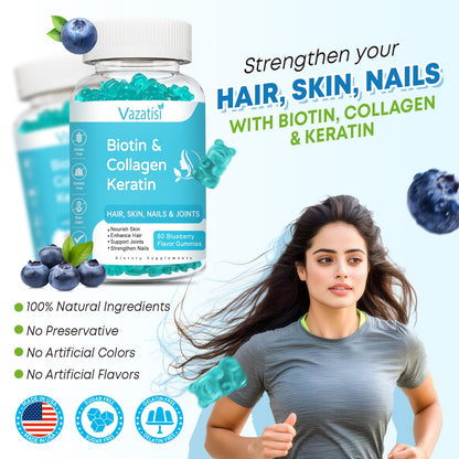Biotin Gummies with Collagen and Keratin – Hair and Nails Support (Blueberry, 60)