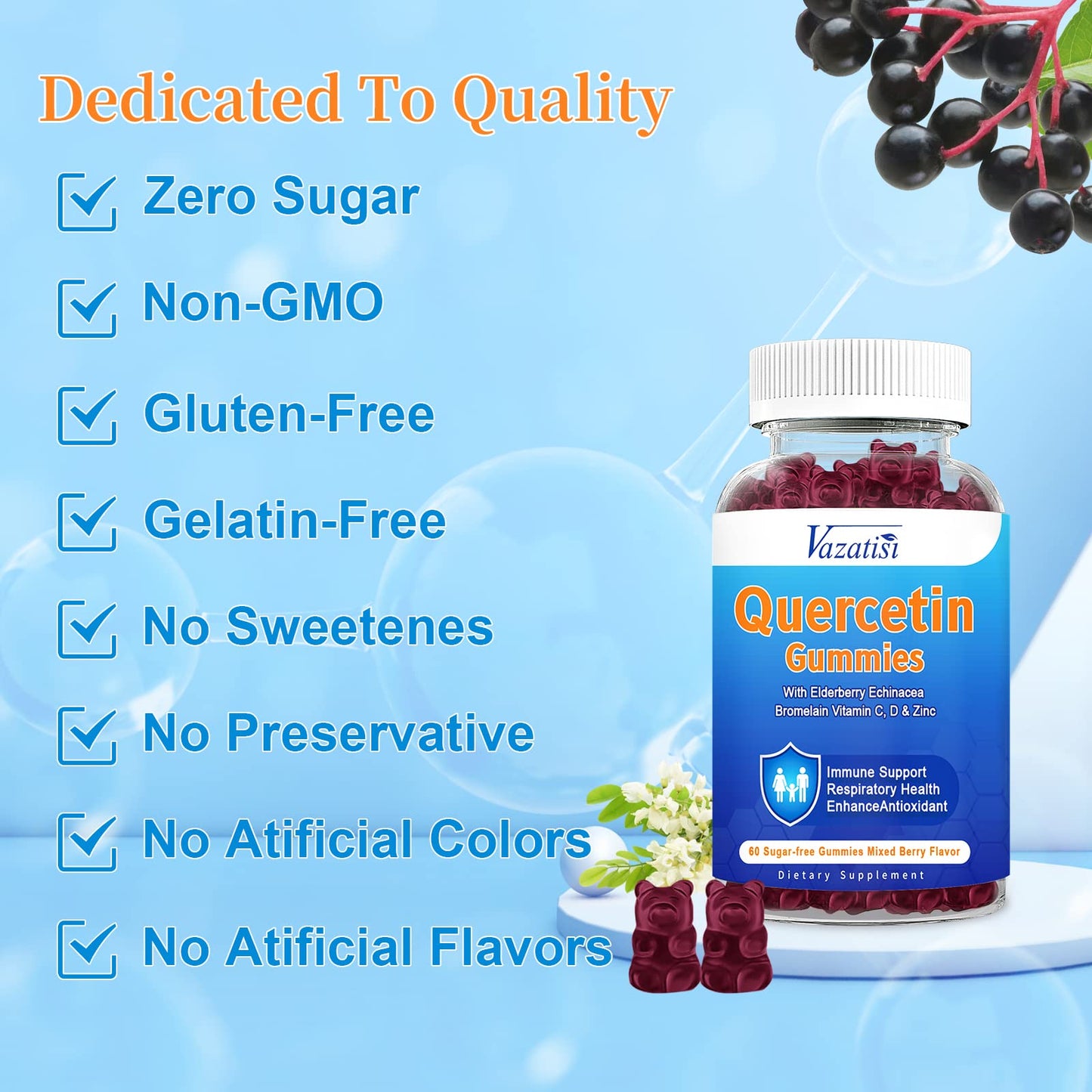 2 Pack Quercetin Gummies with Bromelain – Immune Support, Vegan, Mixed Berry
