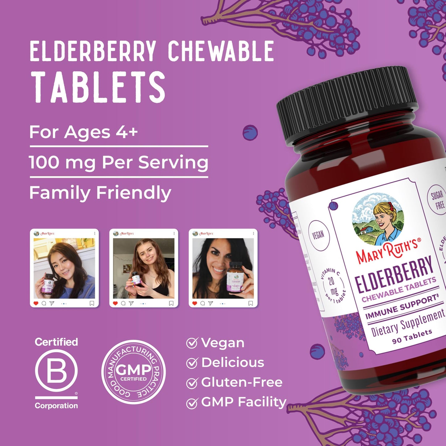 MaryRuth Organics Elderberry Vitamin C Chewable Tablets – Immune Support – 90 Servings – Gluten Free | Non-GMO