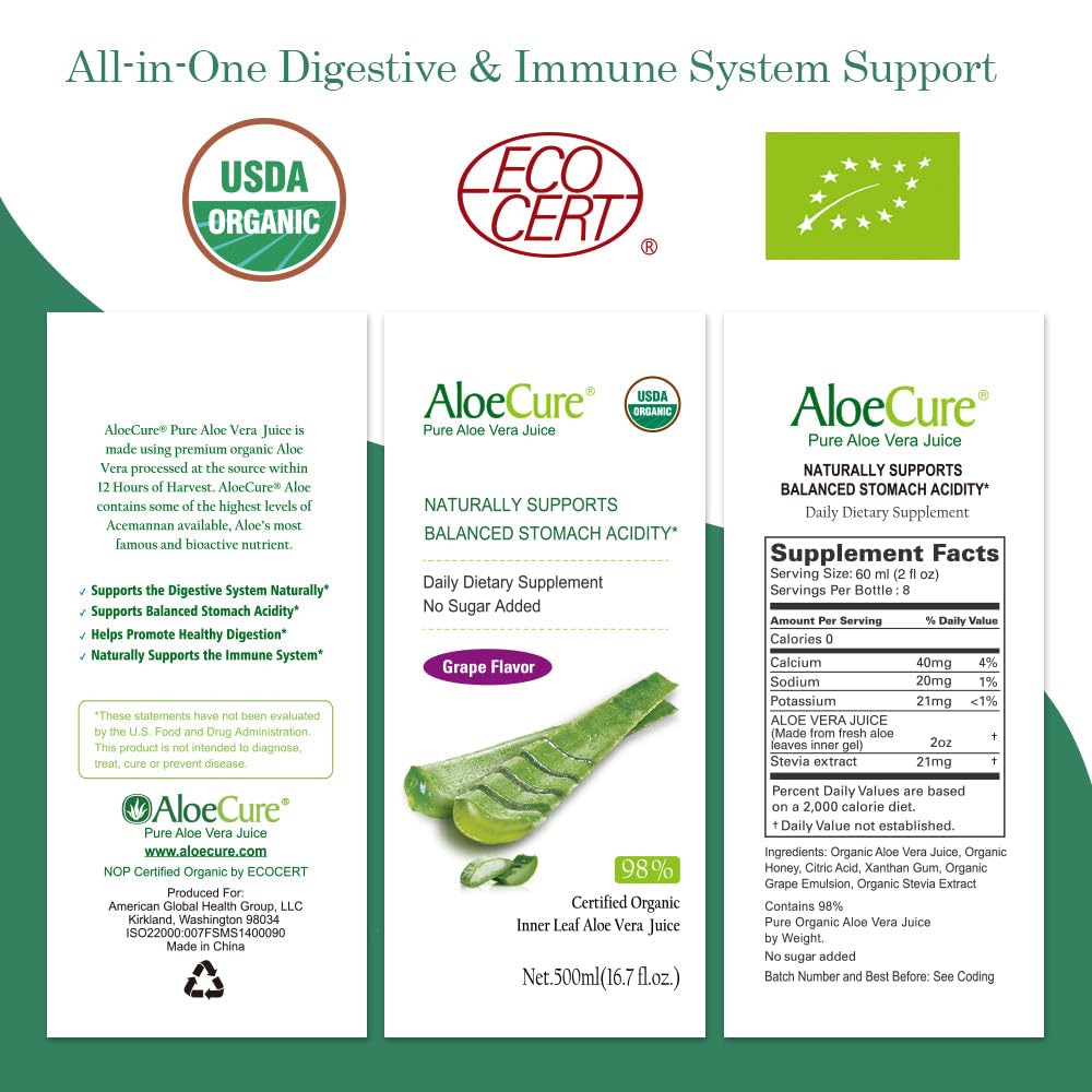 AloeCure USDA Organic Aloe Vera Juice - Grape Flavor, 16.7oz