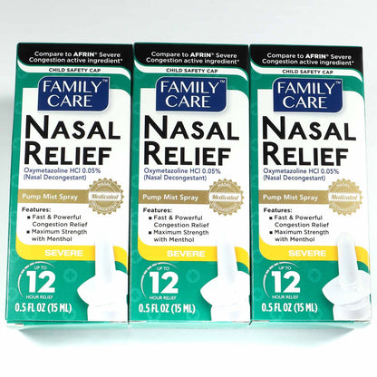 FamilyCare Nasal Relief Spray – 12 Hours, Pump Mist, Anti-Drip, 3 Pack