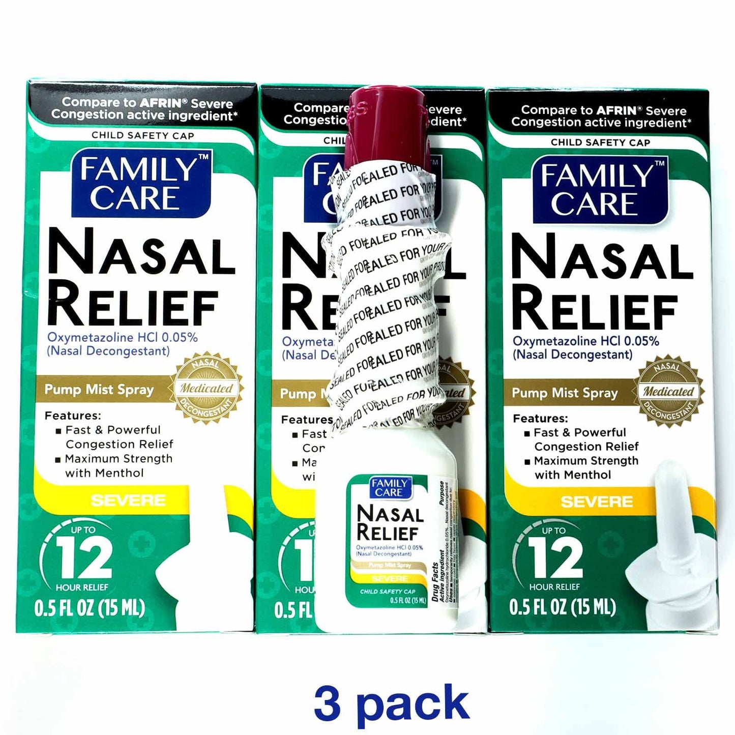 FamilyCare Nasal Relief Spray – 12 Hours, Pump Mist, Anti-Drip, 3 Pack