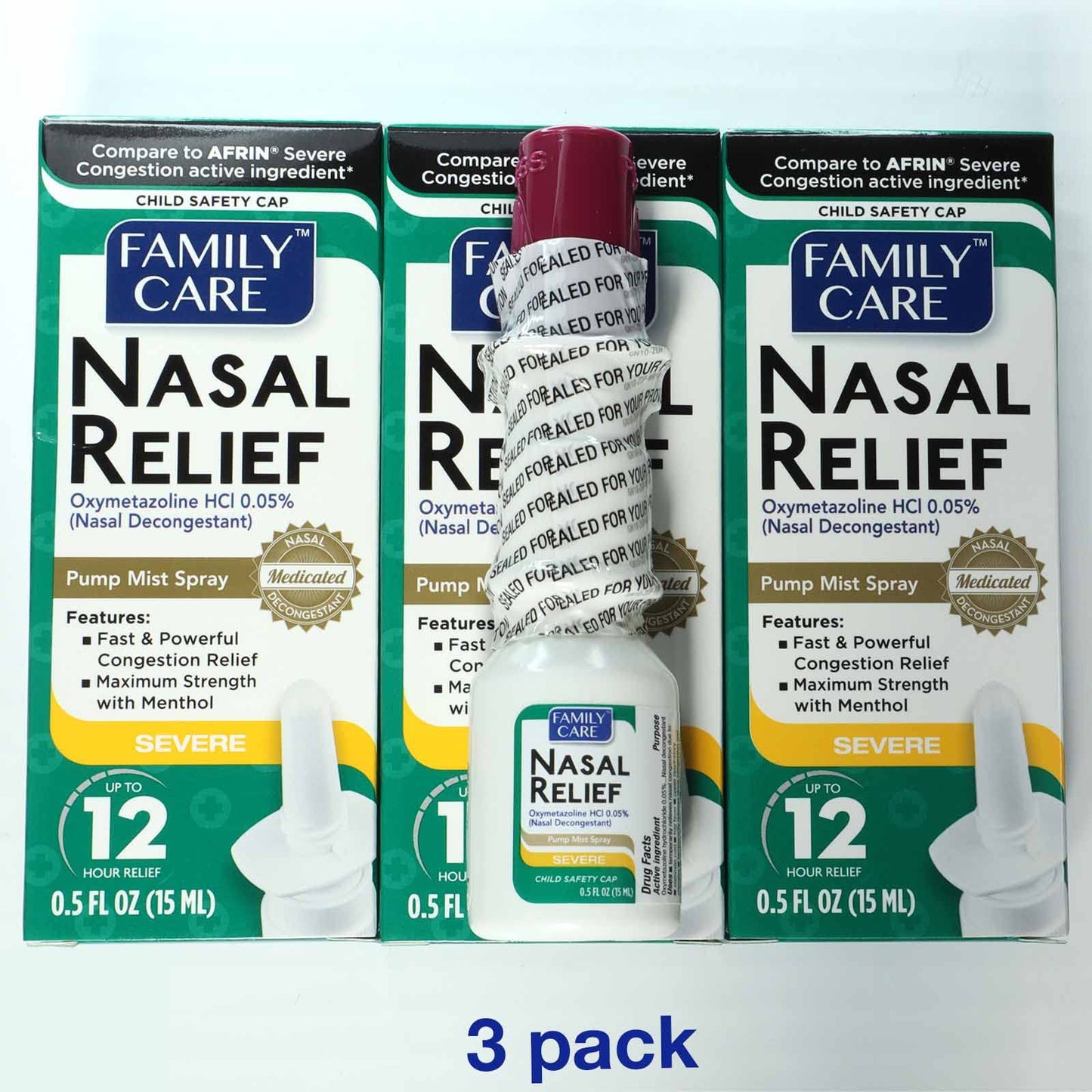 FamilyCare Nasal Relief Spray – 12 Hours, Pump Mist, Anti-Drip, 3 Pack