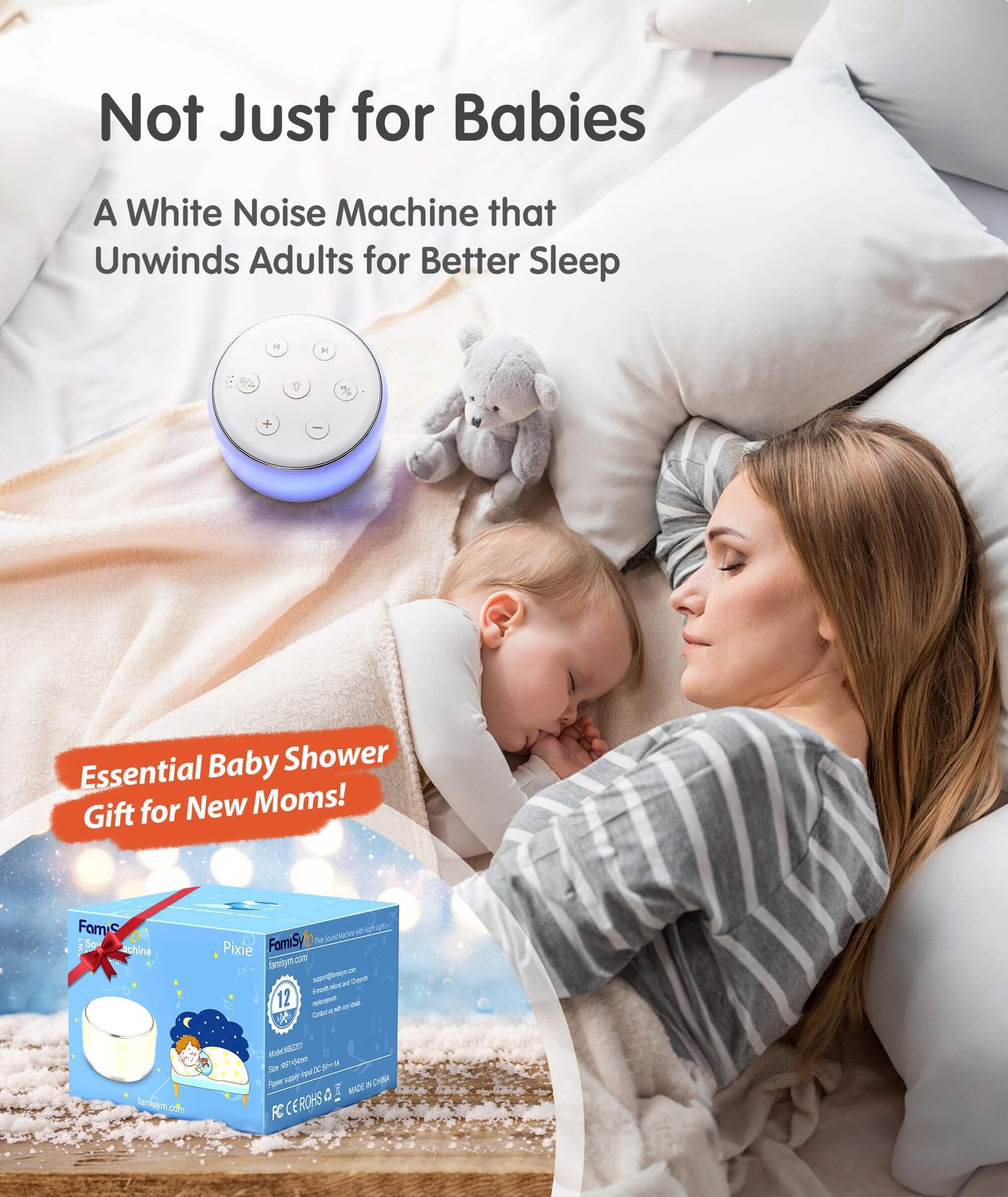 FamiSym White Noise Sound Machine with Night Light – 34 Soothing Sounds for Baby & Adults