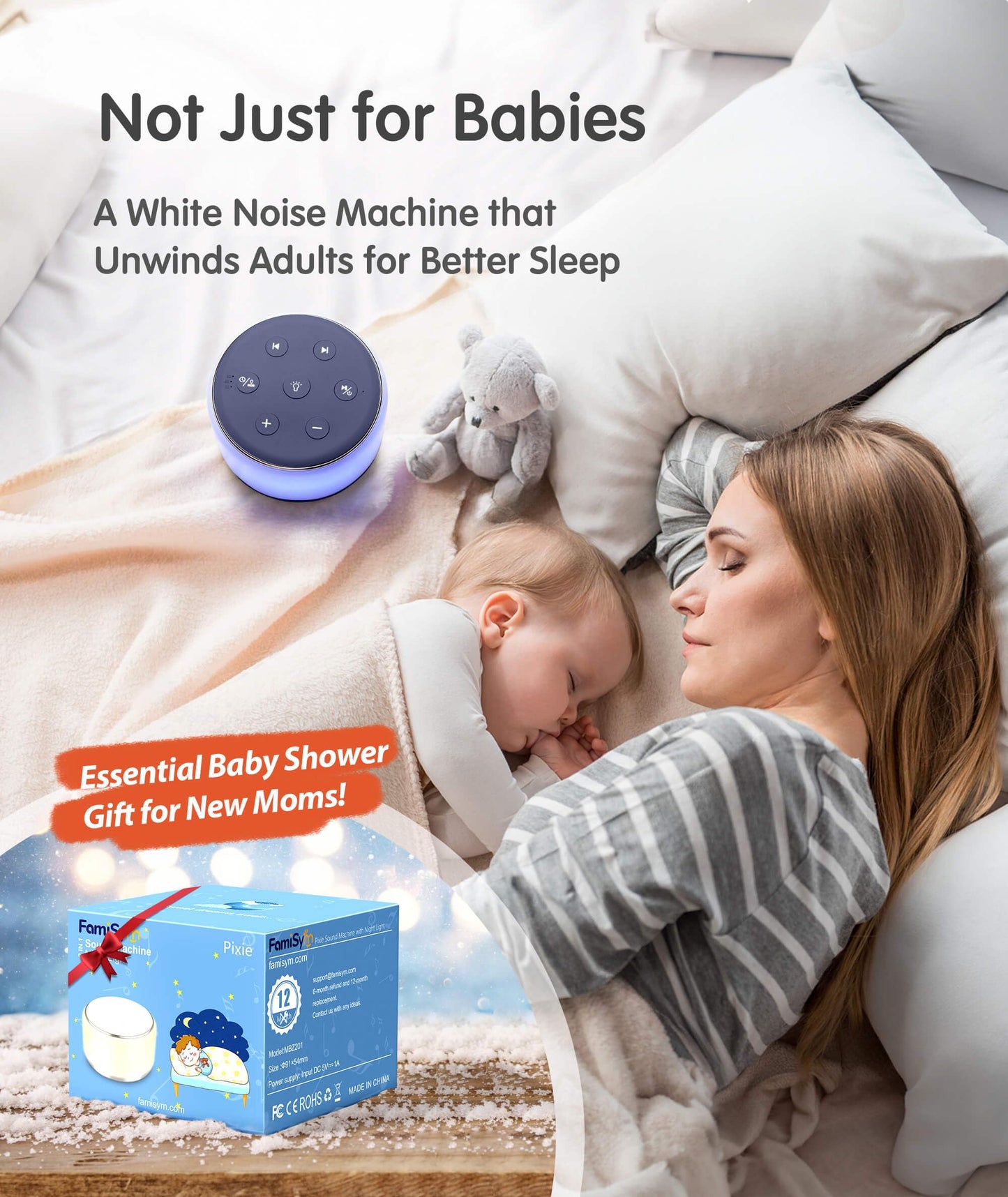 FamiSym Sleep Sound Machine – 34 Soothing Sounds, Night Light & Rechargeable Battery