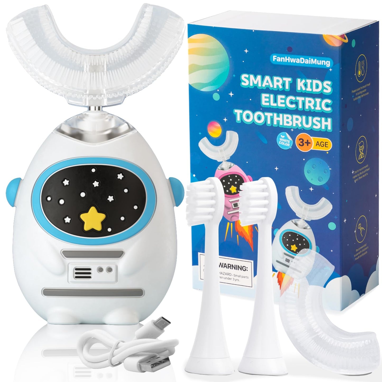 FanHwaDaiMung Kids U-Shaped Electric Toothbrush with Music – 3 Modes, Voice Teaching, Type-C Charging (Ages 3-12)
