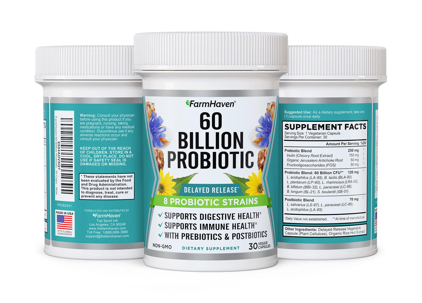 FarmHaven 60 Billion CFU Probiotic – 8 Strains, Prebiotics & Postbiotics – 30 Caps