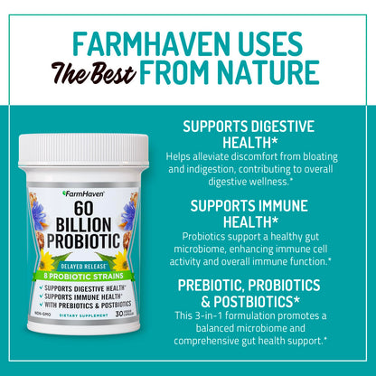 FarmHaven 60 Billion CFU Probiotic – 8 Strains, Prebiotics & Postbiotics – 30 Caps