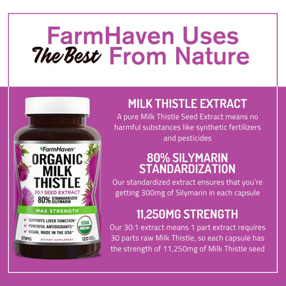 FarmHaven USDA Organic Milk Thistle Capsules | 30:1 Concentrated Seed Extract, 80% Silymarin, 240 Veggie Capsules BritishVita | Premium UK Vitamins & Wellness Supplements