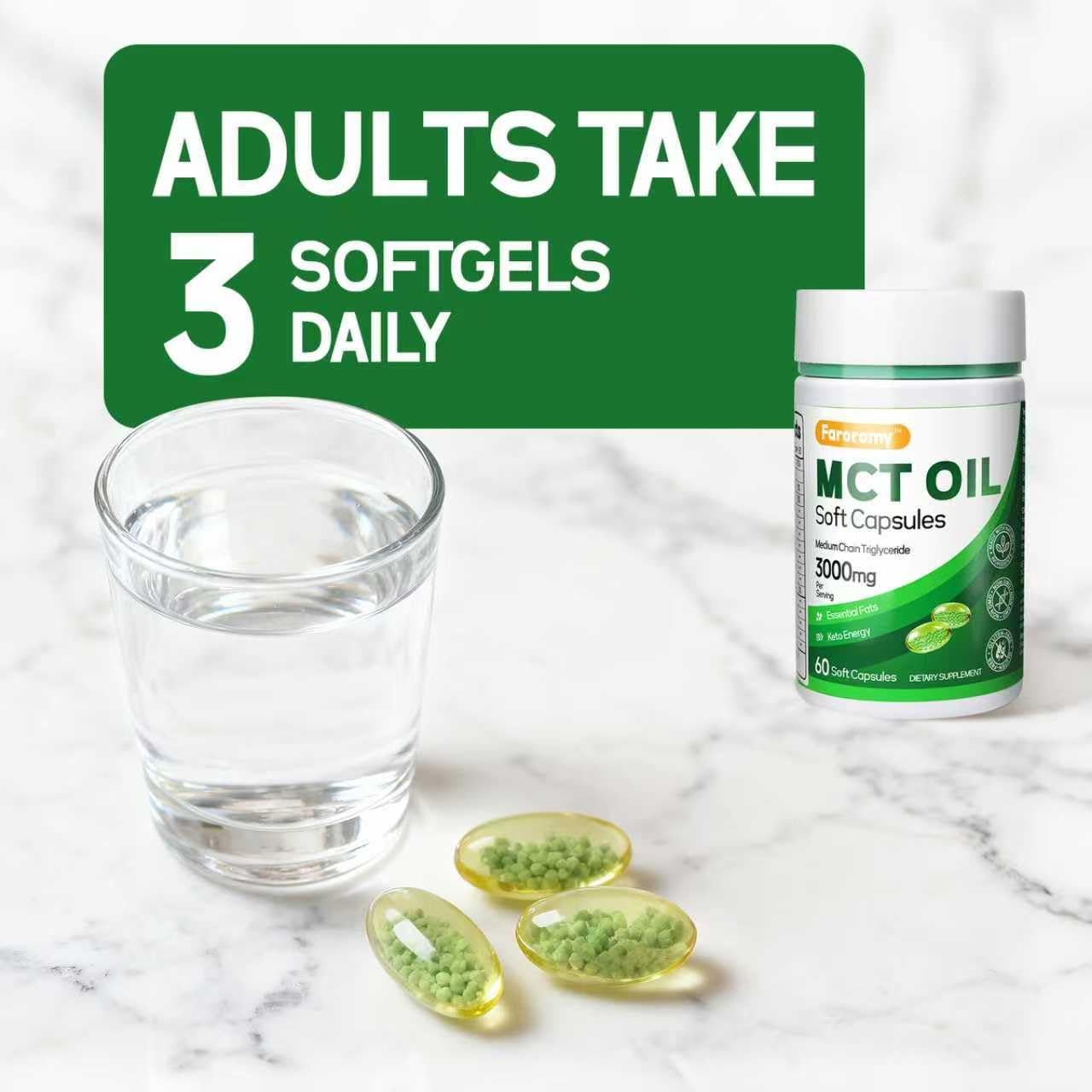 Faroromy MCT Oil Capsules 3000mg – 60 Softgels | Keto Friendly Supplement with CLA, L-Theanine, B12, Ginger Oil & Black Pepper – Non-GMO, Gluten-Free Coconut Source for Daily Wellness