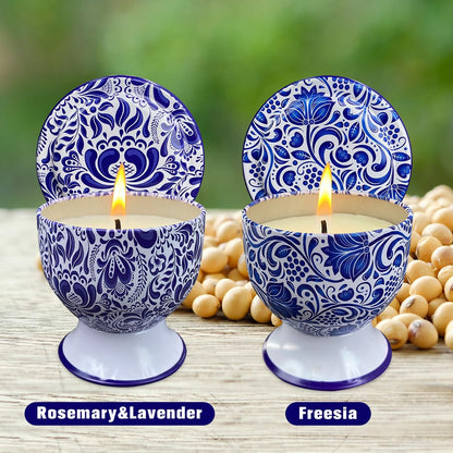 Fasize Home Aromatherapy Candles – Freesia & Lavender, 2-Pack, 4 oz, Porcelain Pedestal Holders