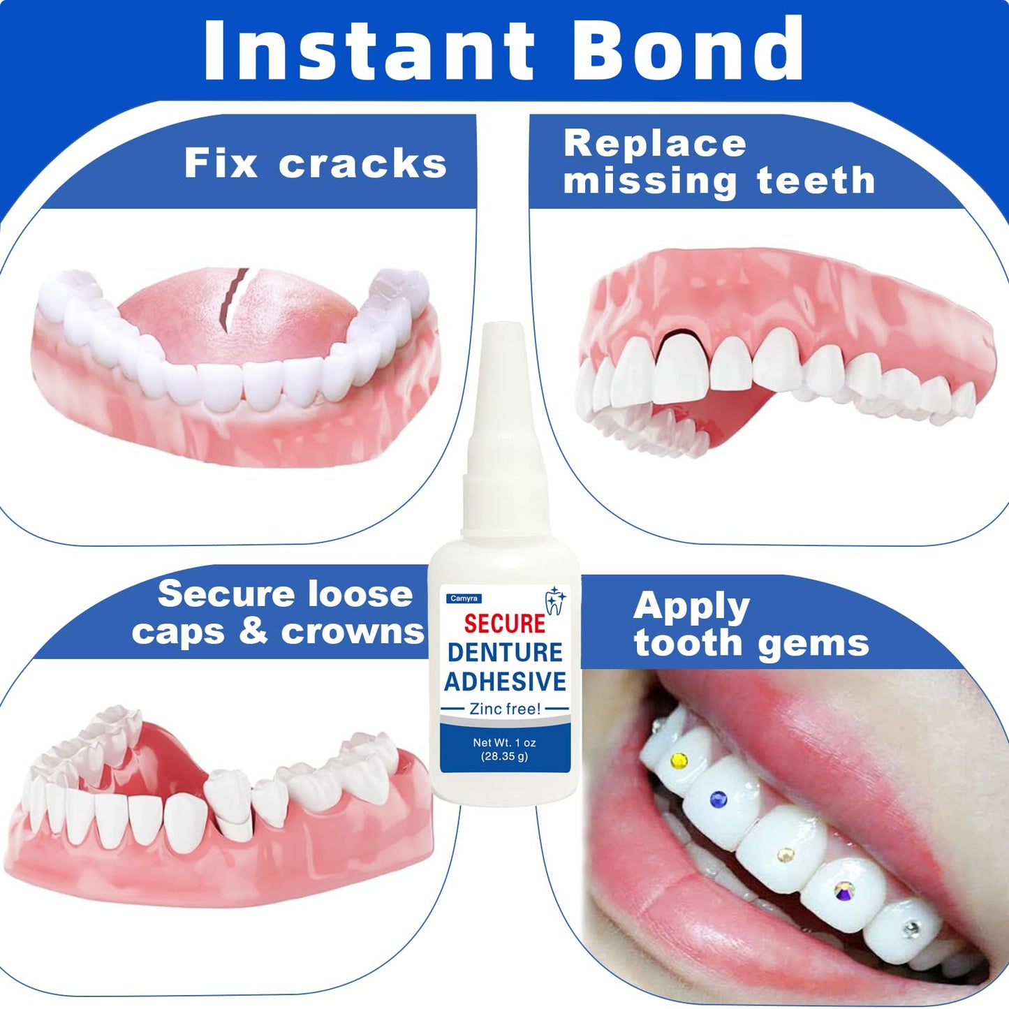 Dental Lab Instant Bonding Dental Glue (1 oz) – Denture Repair, Secure Loose or Broken Teeth, Clear, Non-Irritating Odor