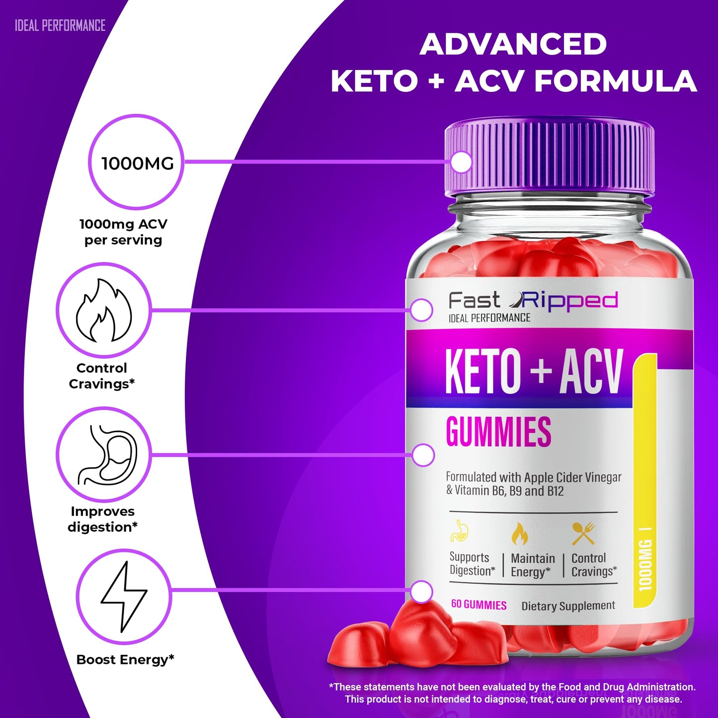 Fast Ripped Keto ACV Gummies – 1000MG Maximum Strength (2 Pack)