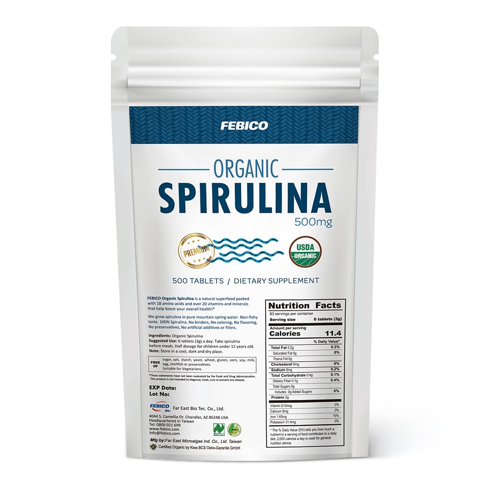 FEBICO Organic Spirulina Tablets 250g – 83 Days Supply | Vegan, Non-GMO, USDA, Naturland, Halal
