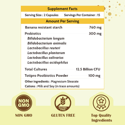 Fecula Biotech Synbiotic Gut Health - 3-in-1 Probiotic/Prebiotic/Postbiotic, 30 Caps, D-Lactate Free