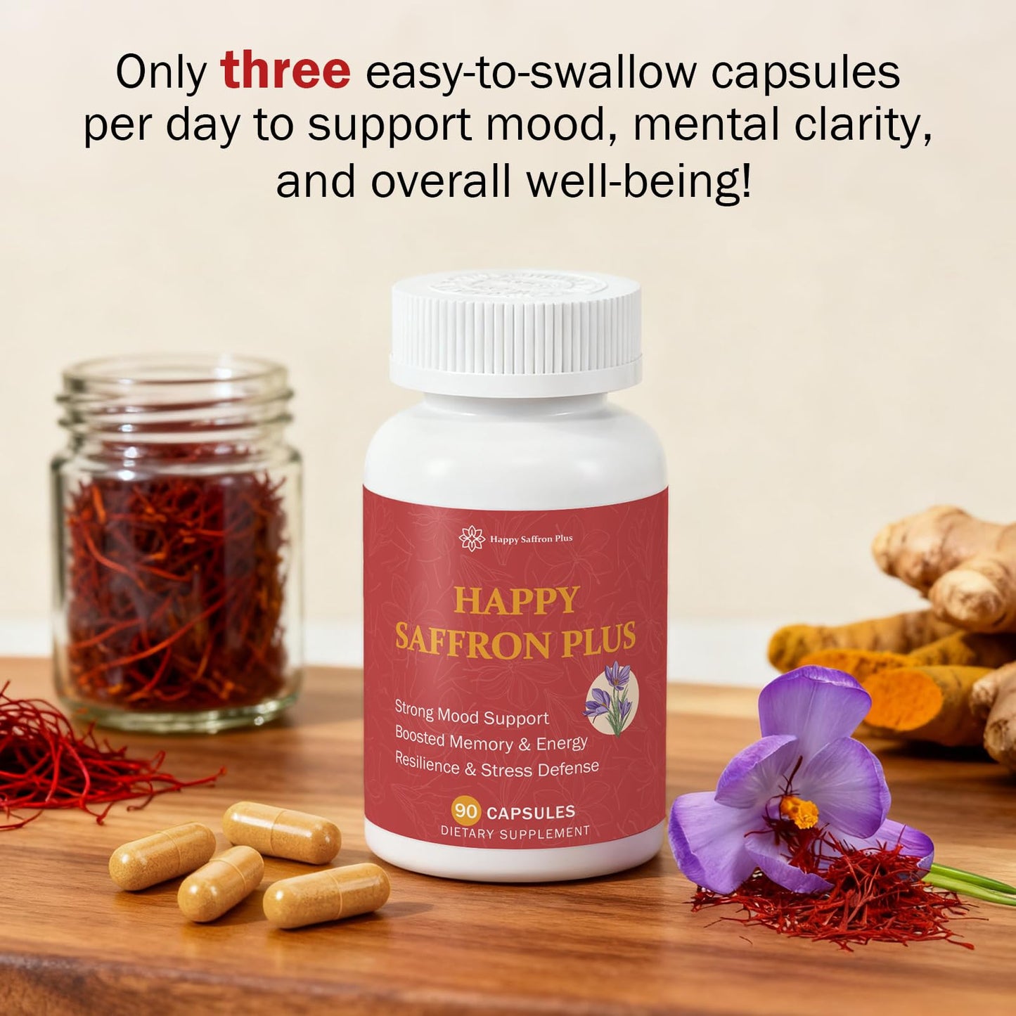 Happy Saffron Plus - 90 Vegan Capsules | Mood Balance & Eye Health | Non-GMO, Gluten Free