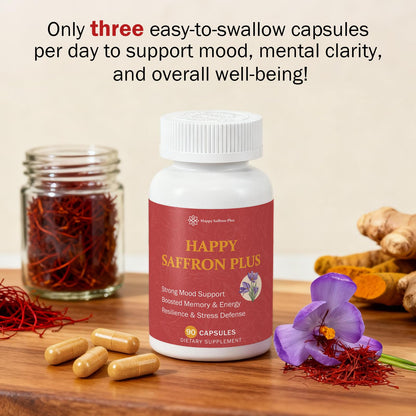 Happy Saffron Plus - 90 Vegan Capsules | Mood Balance & Eye Health | Non-GMO, Gluten Free
