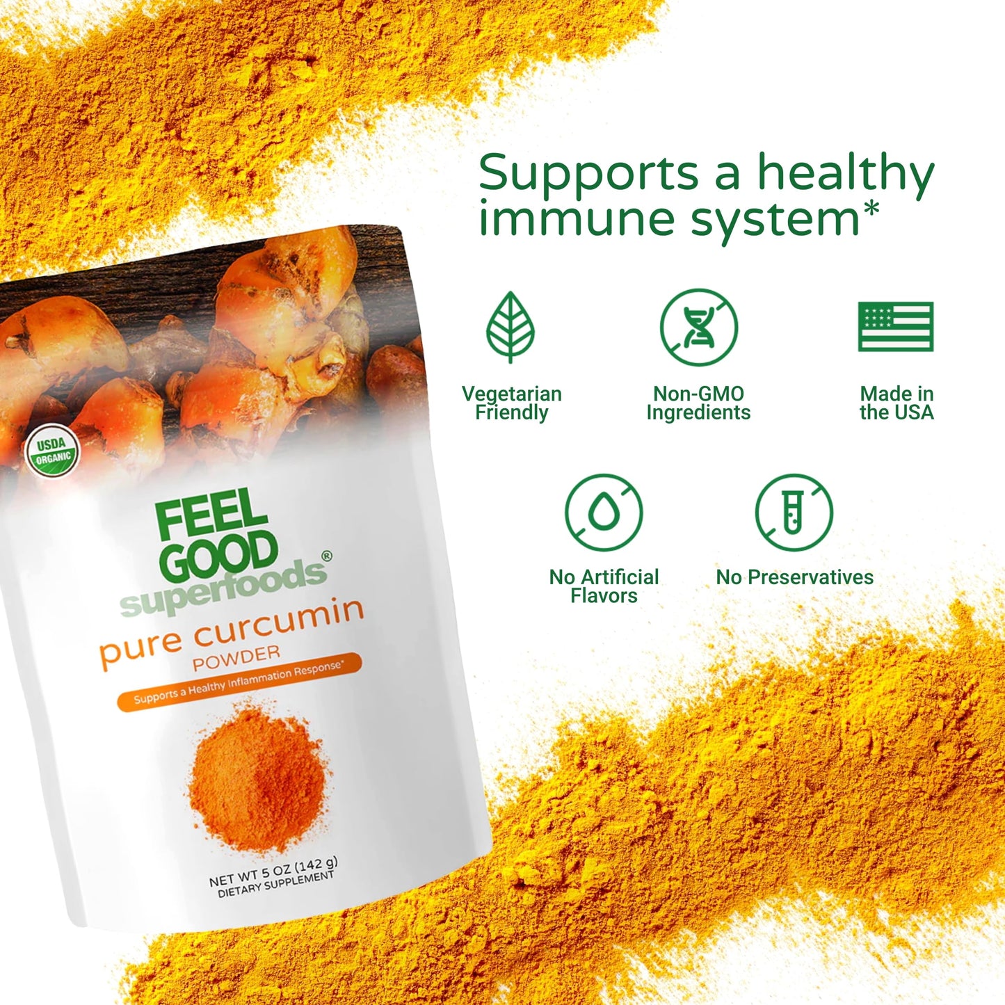 FEEL GOOD Superfoods Pure Curcumin Powder – Organic, Non-GMO, Vegan Turmeric Extract, 5 oz